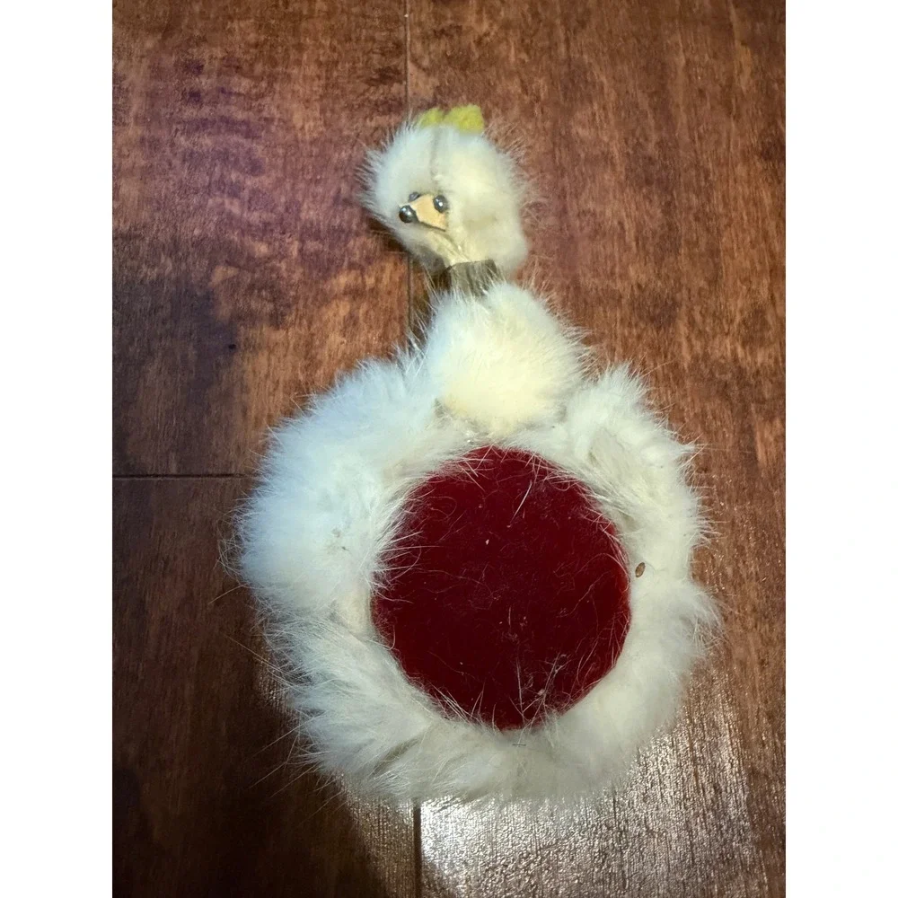 Vintage White Rabbit Fur Swan Pin Cushion Red Velvet Center Sewing Accessory